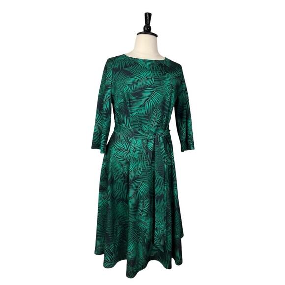 Dress Tells Midi Dress A-line Fit Flare Belted Green Palm Print Women’s Size 3XL - Picture 1 of 13